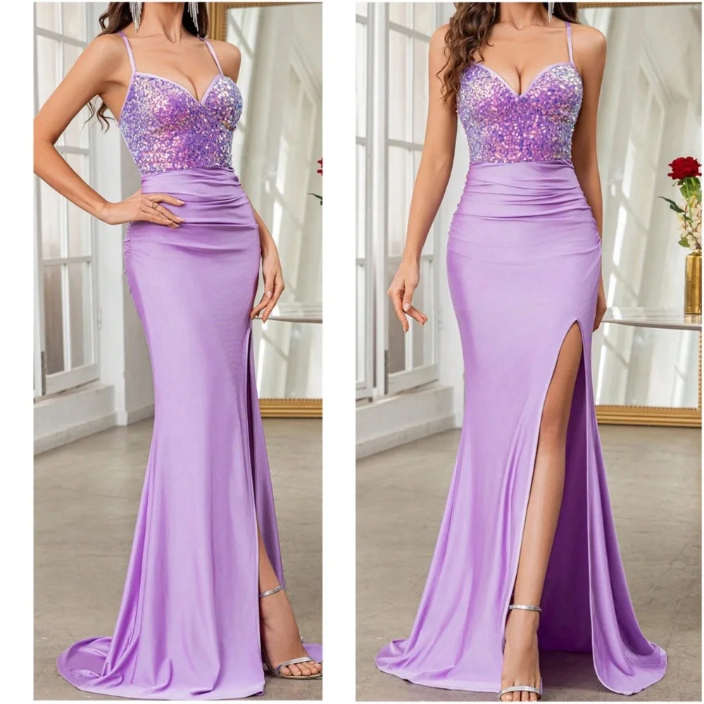 Luxe Sequin Satin Criss Cross Lace up Prom Formal Party Dress - Picture 9 of 9